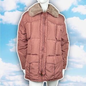 VINTAGE Tempco Down Alternative Quilted Puffer Coat 80s Faux Fur Trim Rose Pink
